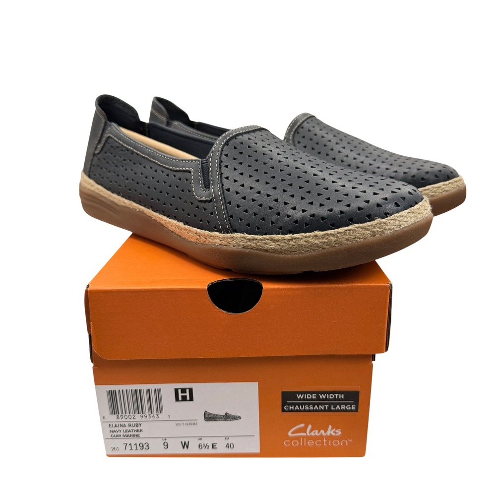 Clarks Womens Elaina Ruby 9W Navy Leather Perforated Espadrille Slip On Flats